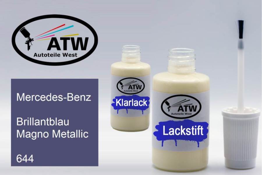 Mercedes-Benz, Brillantblau Magno Metallic, 644: 20ml Lackstift + 20ml Klarlack - Set, von ATW Autoteile West.